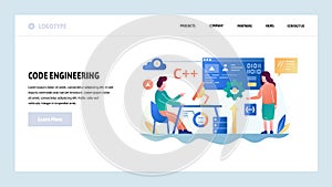 Vector web site design template. Programmer write script in C computer language. Software dvelopment and coding. Landing