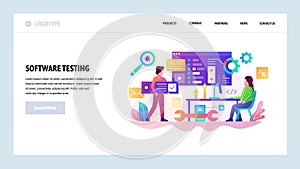 Vector web site design template. Software development and code test, programmer coding application. Landing page