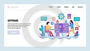 Vector web site design template. Software project development. Team of coders work together. Landing page concepts for
