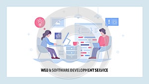 Vector web site design template. Software project development. Team of coders work together. Landing page concepts for