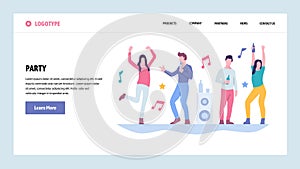 Vector web site gradient design template. People dancing in night club. College student party. Landing page concepts for