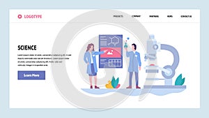 Vector web site gradient design template. Science experiment in a lab. Scientists, microscope, flask. Landing page