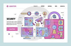 Vector web site linear art design template. Cyber security and surveillance. Landing page concepts for website and