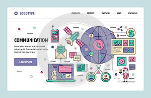 Vector web site linear art design template. Satellite global telecommunication system. Landing page concepts for website