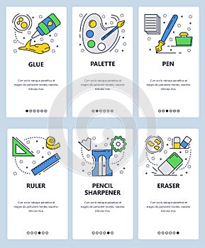 Vector web site linear art onboarding screens template. Art school accessories. Office supply, palette, pencil, ruler