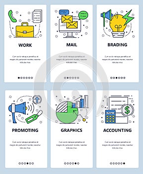 Vector web site linear art onboarding screens template. Business and marketing icons, branding, accounting and