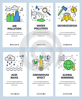 Vector web site linear art onboarding screens template. Global warming and industrial pollution. Ecology problems. Menu