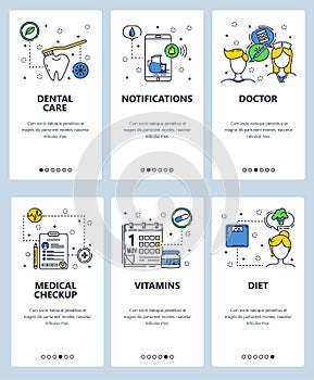 Vector web site linear art onboarding screens template. Healthcare and medical checkups, doctor, vitamins. Menu banners