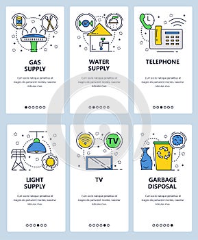 Vector web site linear art onboarding screens template. House utilities and services. Gas, water and electricity supply