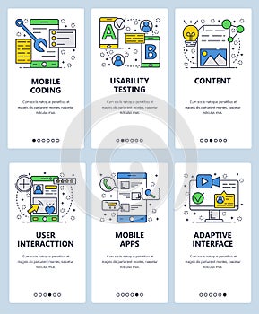 Vector web site linear art onboarding screens template. Mobile apps development and testing. User interaction, usability