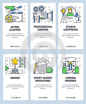 Vector web site linear art onboarding screens template. Movie industry objects, studo and cinema. Menu banners for photo