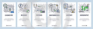 Vector web site linear art onboarding screens template. School education subjects, chemistry, math, physics, biology photo