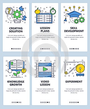 Vector web site linear art onboarding screens template. School lessons and online education. Video course traning. Menu