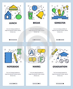 Vector web site linear art onboarding screens template. School lunch break, graduation and semester test reuslts. Menu photo