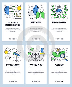 Vector web site linear art onboarding screens template. School and science subjects, anatomy, phylosophy, astronomy photo