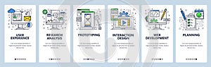 Vector web site linear art onboarding screens template. User experience, prototyping and web development. Menu banners