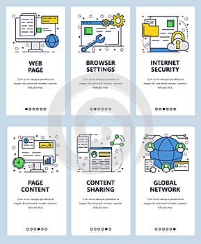 Vector web site linear art onboarding screens template. Web page content, browser setting and internet security. Menu