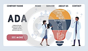 Vector website design template . ADA -  Americans with Disabilities Act, acronym medical concept.