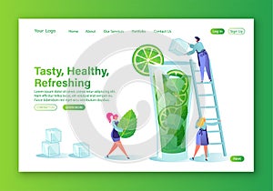 Vector website homepage template with mojito coctail cooking concept at home.