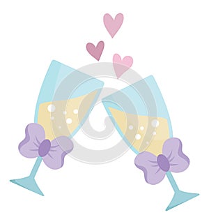 Vector wedding clinking glasses with purple bow and sparkling drink. Cute marriage symbol clipart element for bride, groom. Just