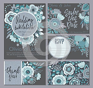 Vector wedding collection. Templates for invitation, thank you card, save the date, RSVP