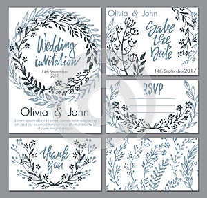 Vector wedding collection. Templates for invitation, thank you card, save the date, RSVP