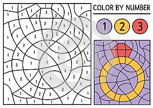 Vector wedding color by number activity with wedding ring. Marriage ceremony accessory. Black and white counting game or coloring