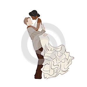 Vector Wedding Couple Sketch, Hand Drawn Illustration, Man and Woman in White Wedding Dress Isolated.