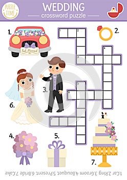 Vector wedding crossword puzzle for kids. Simple marriage ceremony quiz for children. Matrimony educational activity with bride photo