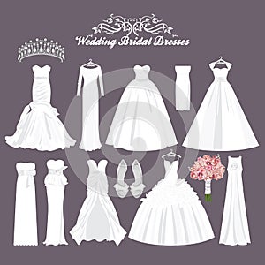 Vector wedding dresses in different styles. Fashion bride Dress. White dress, accessories set.