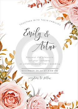 Vector wedding floral invite card design in warm fall, winter tones. Pink, blush peach Rose flowers, taupe, brown beige, orange photo