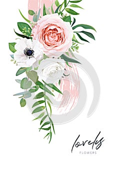 Vector, wedding floral invite card, invitation template design. Watercolor blush pink, white garden roses, ivory anemone flower, g