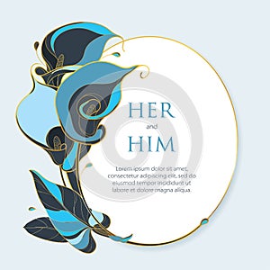 Vector wedding invitation with bouquet of outline Calla lily flower or Zantedeschia in pastel blue and golden colored.