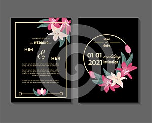 Vector wedding invitation card flat design with pink and white lily flowers and black background. Save the date wedding elegant in