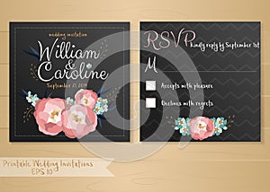 Vector wedding invitation card with flowers elements and calligraphic letters.