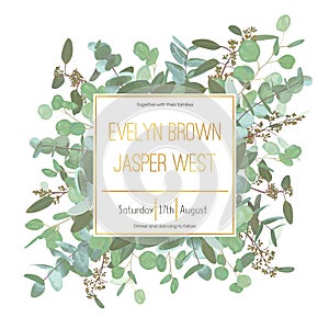 Vector wedding invitation flyer. Square gold frame with set branches and leaves eucalyptus gunnii, silver dollar, leucoxylon