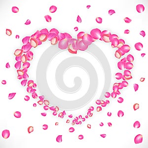 Vector wedding invitation. Inscription: Save the date. Ribbon inside the heart of rose petals on white background