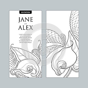 Vector wedding invitation with outline bouquet Calla lily flower or Zantedeschia in black and white.