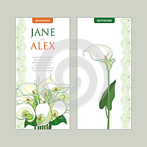 Vector wedding invitation with outline bouquet Calla lily flower or Zantedeschia in pastel colors. Template in contour style.