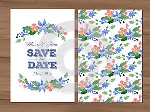 Vector wedding invitation with watercolor flowers and typographi