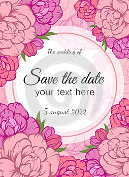 Vector wedding invitations with pink peony rose and tulip flowers on pink background. Romantic tender floral design for wedding