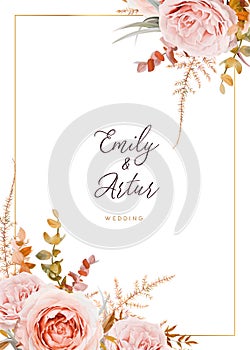 Vector wedding invite card design. Blush peach flowers, ivory white Rose, autumn brown, beige, dusty orange Eucalyptus branches,