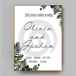 Vector wedding invite invitation save the date floral card design. Green fern, forest leaves herbs,