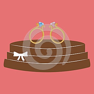 Vector wedding minimalistic greeting card with cake and diamond rings isolated on pink background