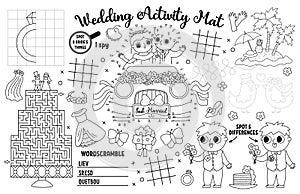 Vector wedding placemat for kids. Marriage ceremony printable activity mat with maze, tic tac toe charts, connect the dot, find