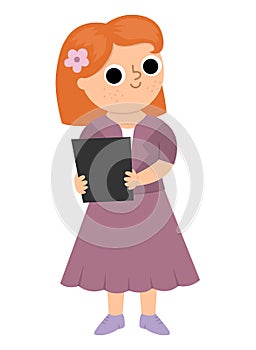 Vector wedding registrar illustration. Cute red heir girl in purple suit with flower.