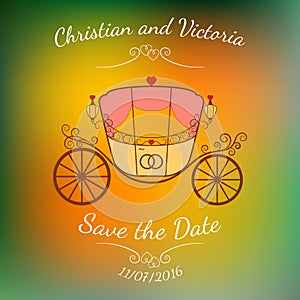 Vector wedding retro carriage with curls over colorful blurred background.