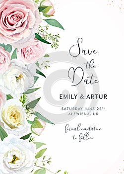 Vector wedding save the date, invitation card. Watercolor muted pink, yellow garden rose flowers, lisanthus, seeded eucalyptus,