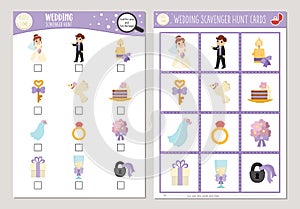 Vector wedding scavenger hunt cards set. Seek and find game with cute bride and groom for kids. Marriage ceremony searching