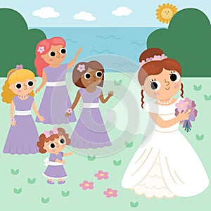 Vector wedding scene with cute just married couple. Marriage ceremony landscape with bride and groom. Beautiful girl in veil